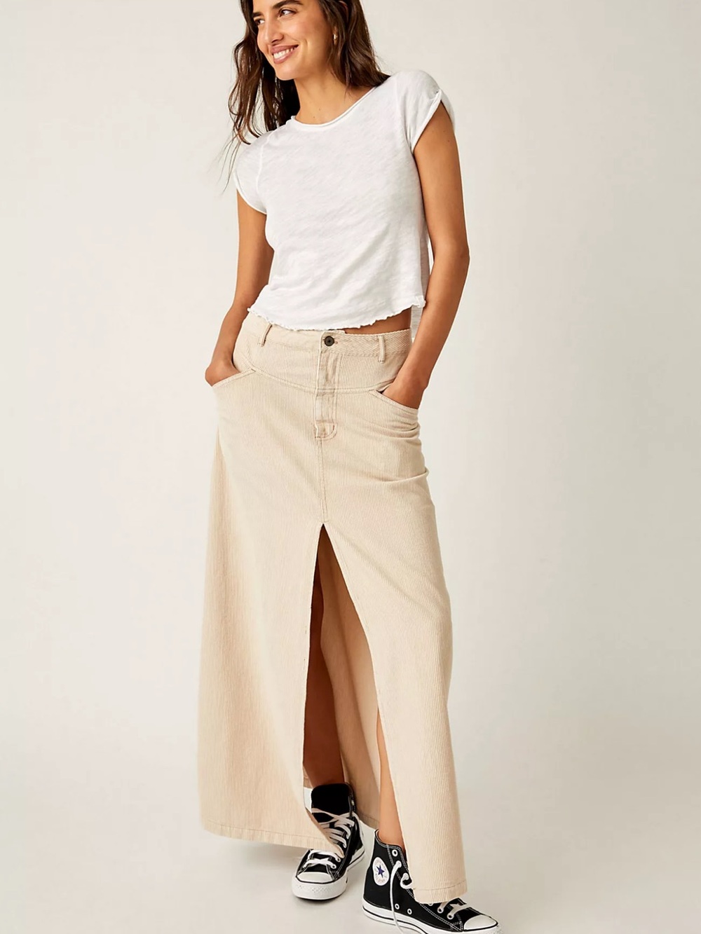 Free People Come As You Are Corduroy Maxi Skirt in Neutral Beige Size 8 NWOT